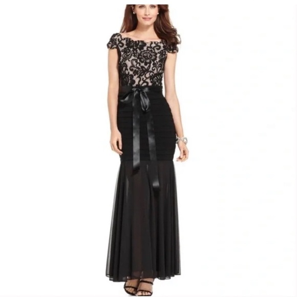 Betsy Adam Lace Illusion Neckline Mermaid Maxi Dress Gown - Picture 1 of 9
